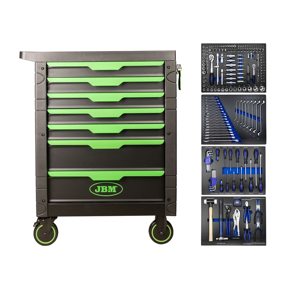 SERVANTE D'OUTILS 7 TIROIRS VERD AVEC DES MODULES BLEUS