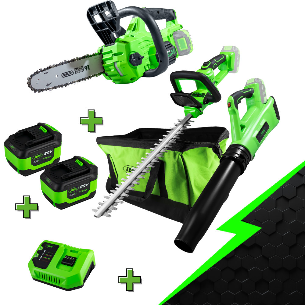 KIT SPÉCIAL JARDIN : TAILLE-HAIE + TRONÇONNEUSE + SOUFFLEUR + BATTERIE + CHARGEUR