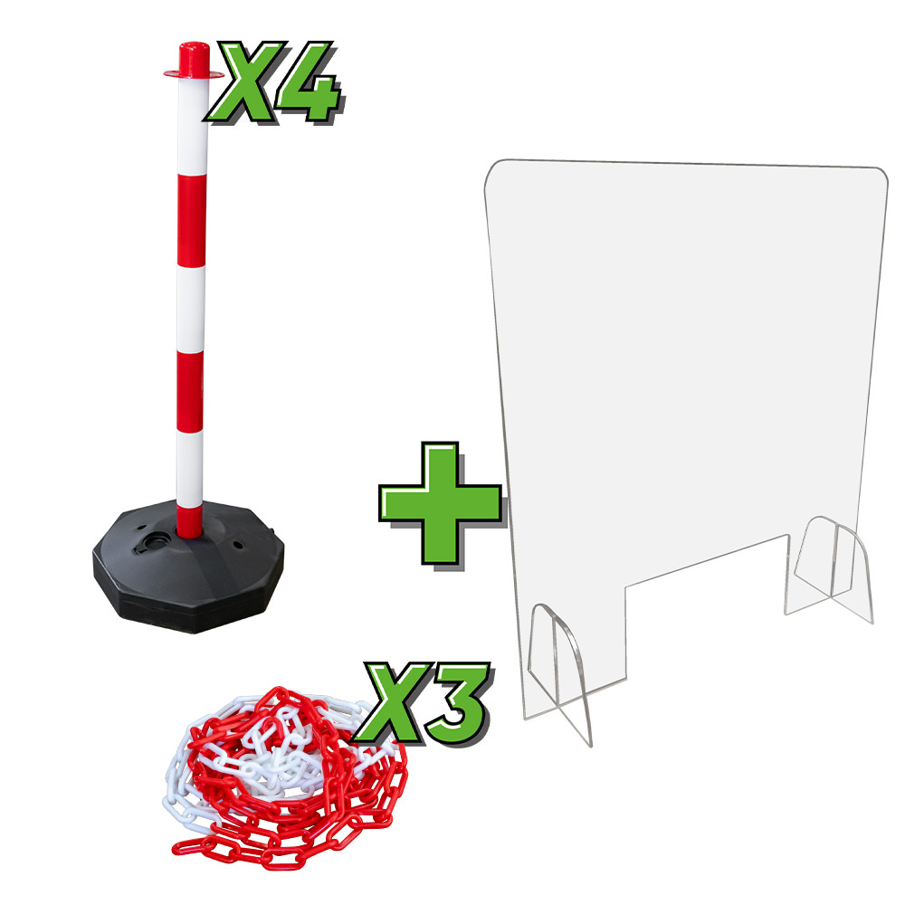 4 POTEAUX 53808 + 3 CHAINES 53809 + 1 ÉCRAN DE MÉTACRYLATE 53835