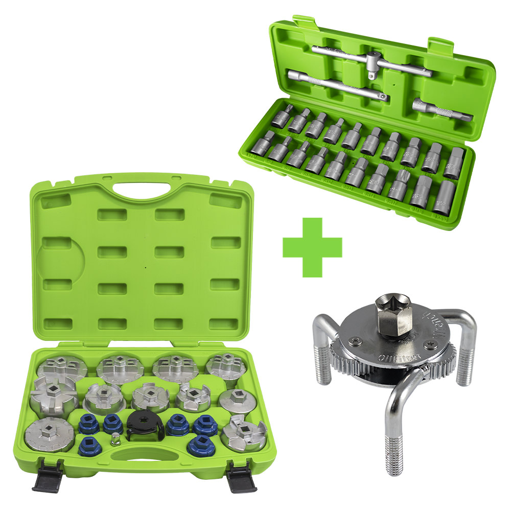 PROMO: CLÉ A FILTRES HUILE + COFFRET DOUILLES DE VIDANGE + JEU DE CLÉS POUR FILTRES