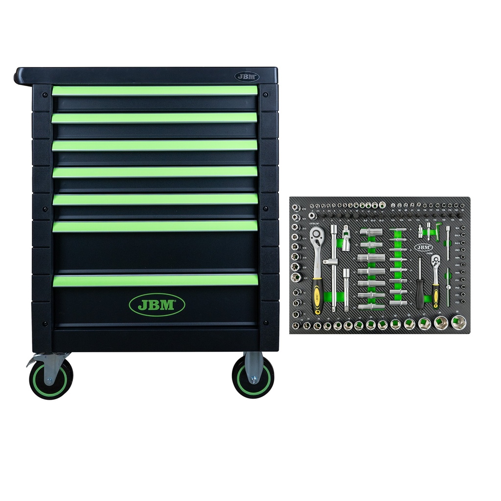 53764 SERVANTE DE 7 TIRORS SANS OUTILS - VERD + 14296Y MODULE DE DOUILLES 108 PIÈCES 6 PANS - OUTILS