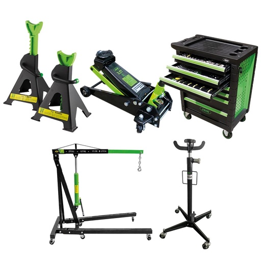 53904 SERVANTE 7 TIROIRS+50831 GRUE 2T+50818 CRIC 3,5T + 53779 CHANDELLES 3T + 54001 VÉRIN FOSSE